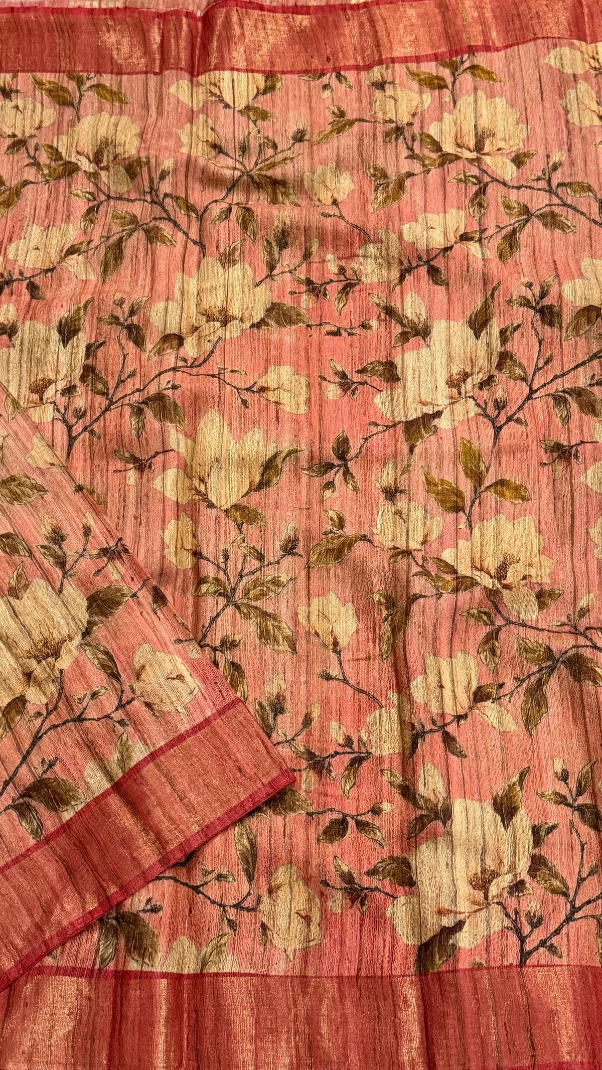 Soft Pink Floral Raw Silk Saree