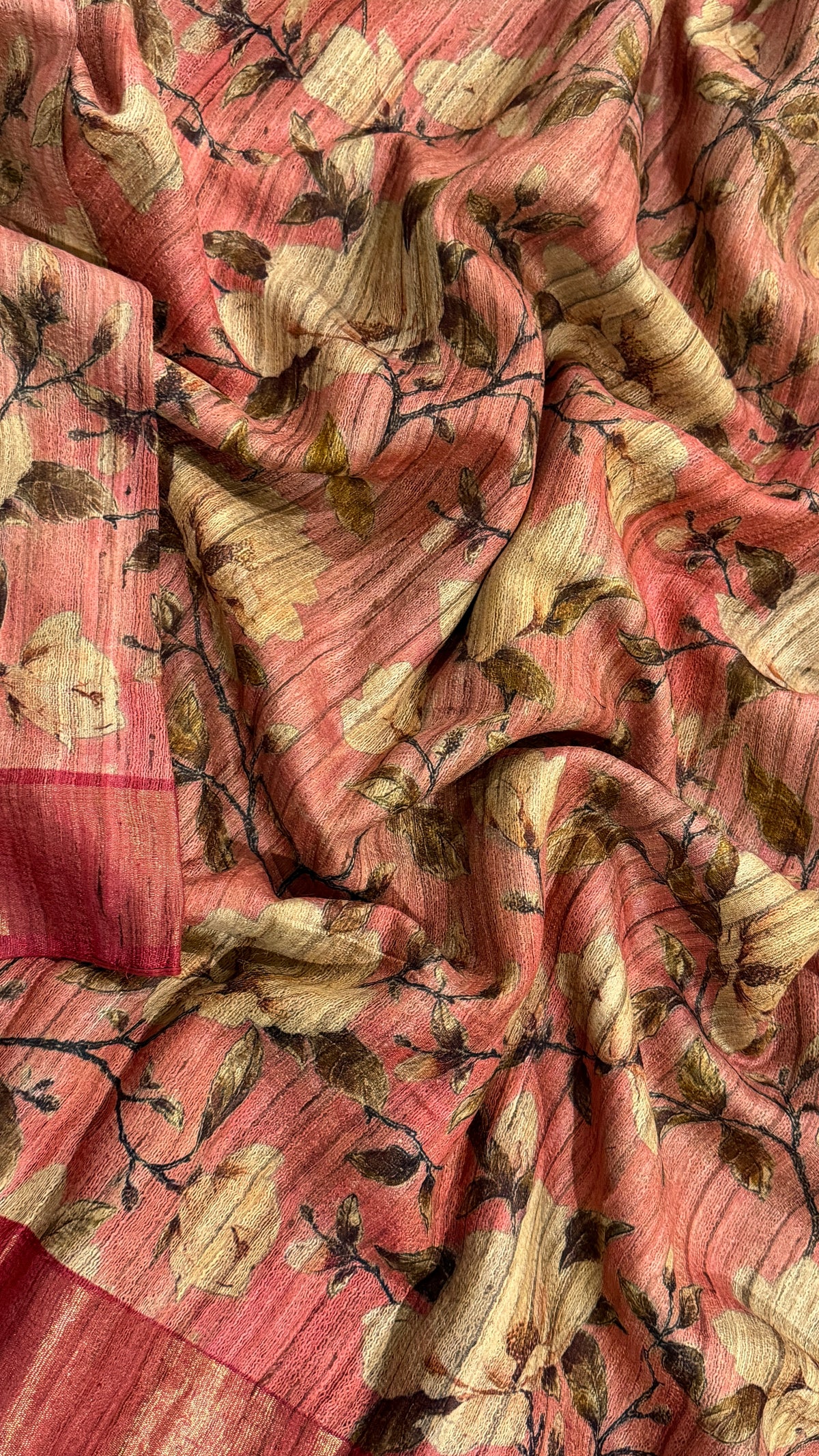 Soft Pink Floral Raw Silk Saree
