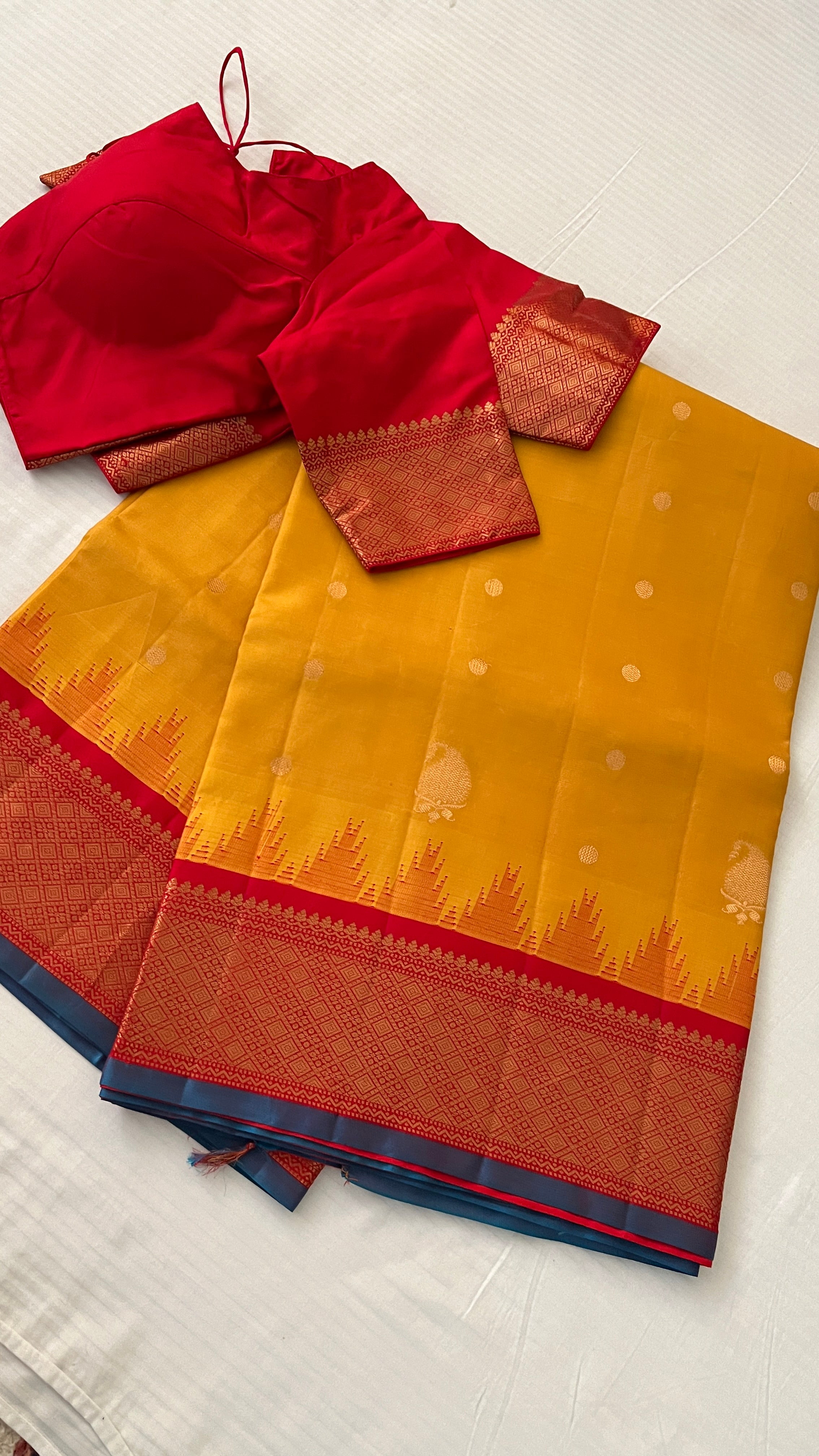 Mustard & Red Gadwal Silk Saree