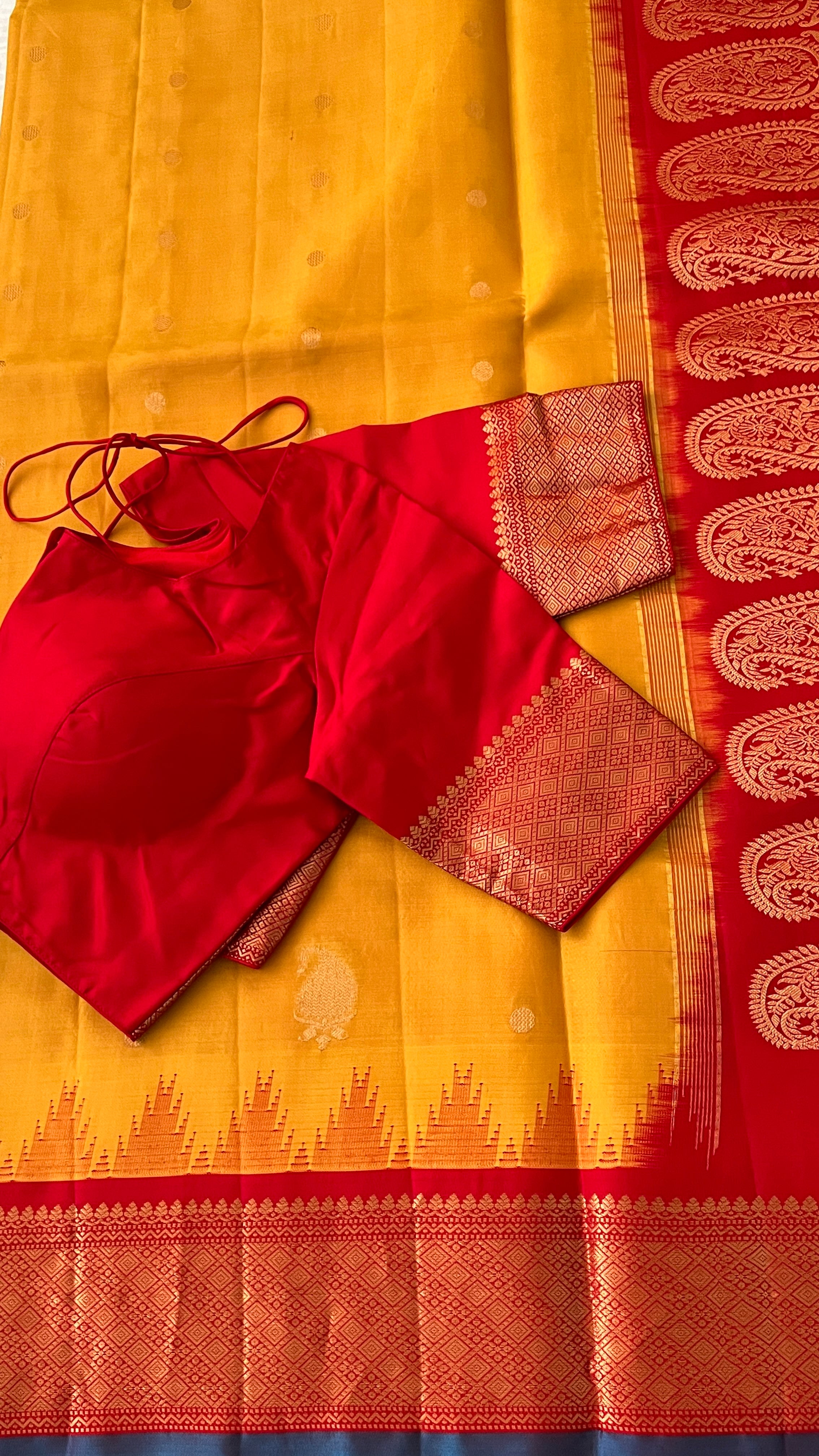 Mustard & Red Gadwal Silk Saree