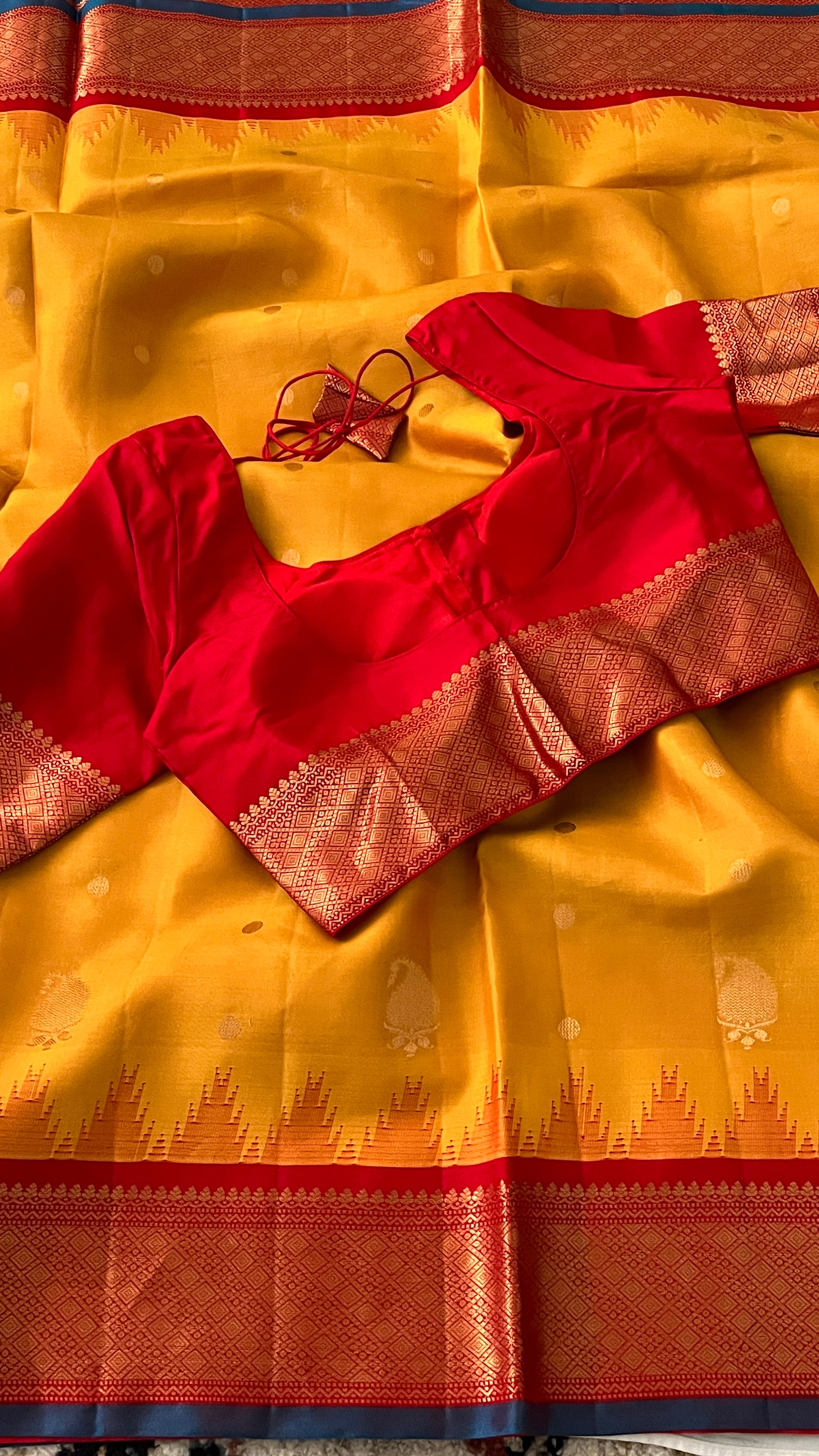 Mustard & Red Gadwal Silk Saree