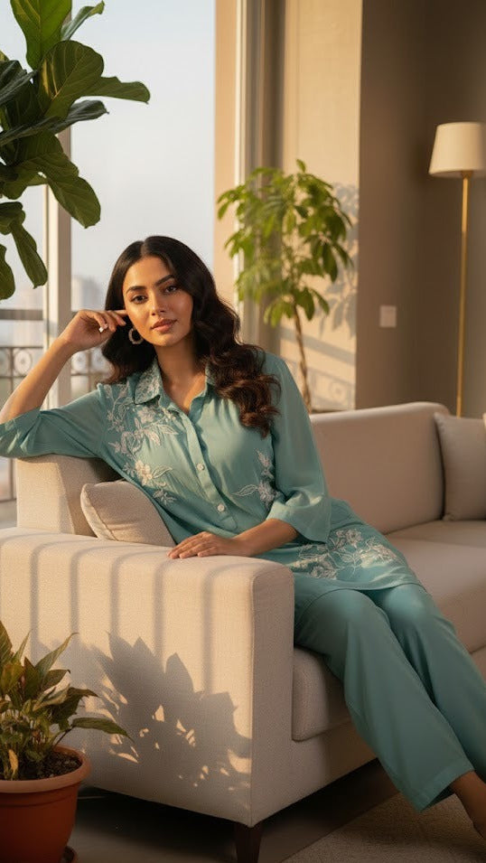 Embroidered Aqua Co-ord Set