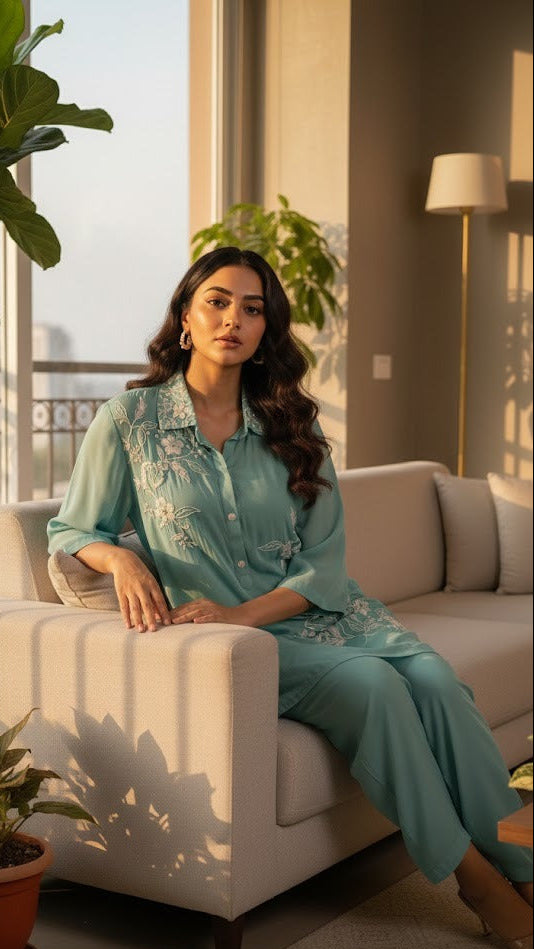 Embroidered Aqua Co-ord Set