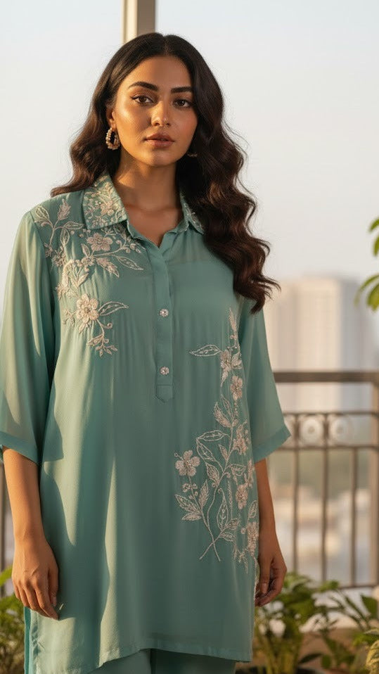 Embroidered Aqua Co-ord Set
