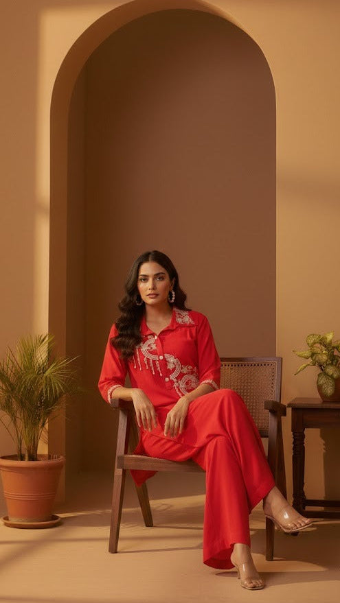 Embroidered Scarlet Co-ord Set