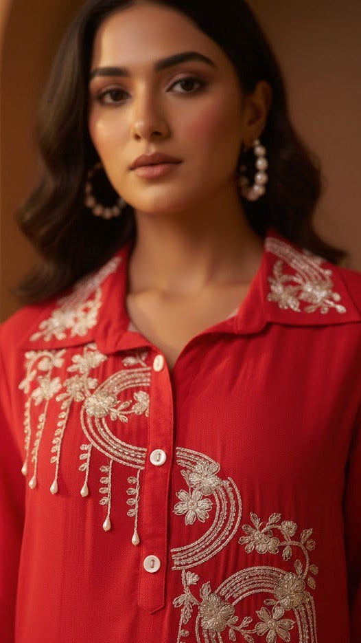 Embroidered Scarlet Co-ord Set
