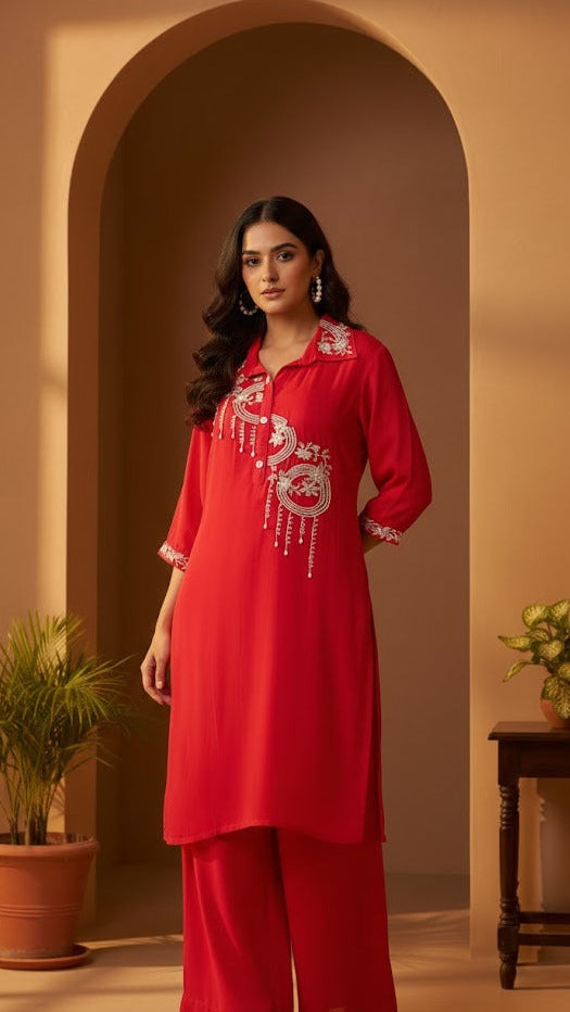 Embroidered Scarlet Co-ord Set