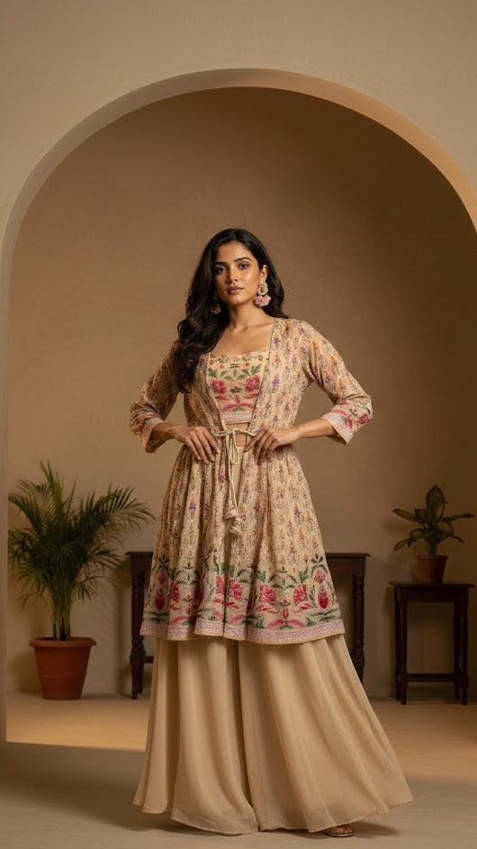 Beige Floral Embroidery Croptop Sharara