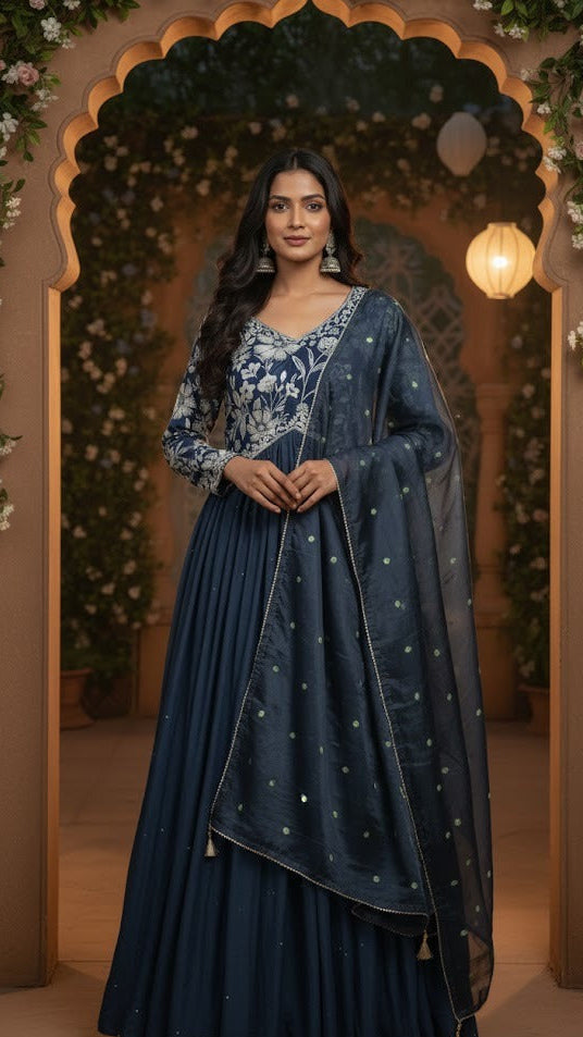 Navy Blue Floral Gown
