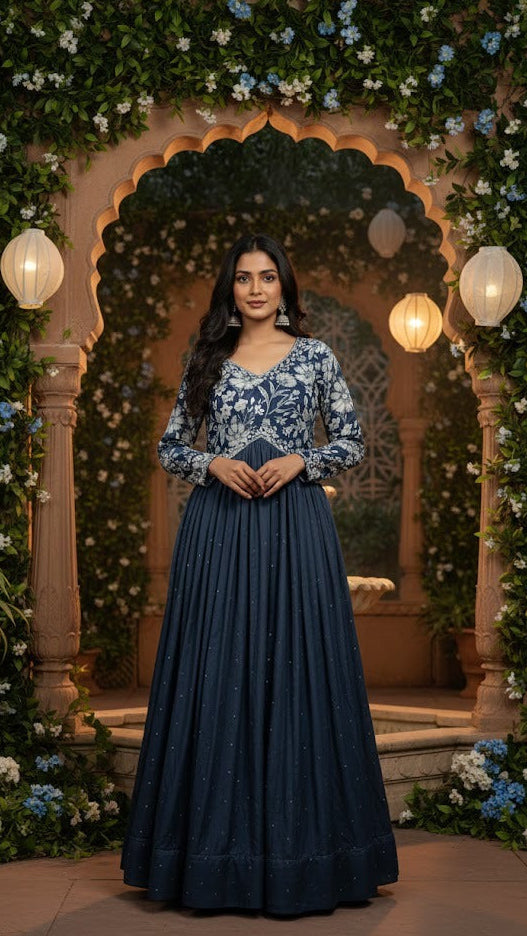 Navy Blue Floral Gown