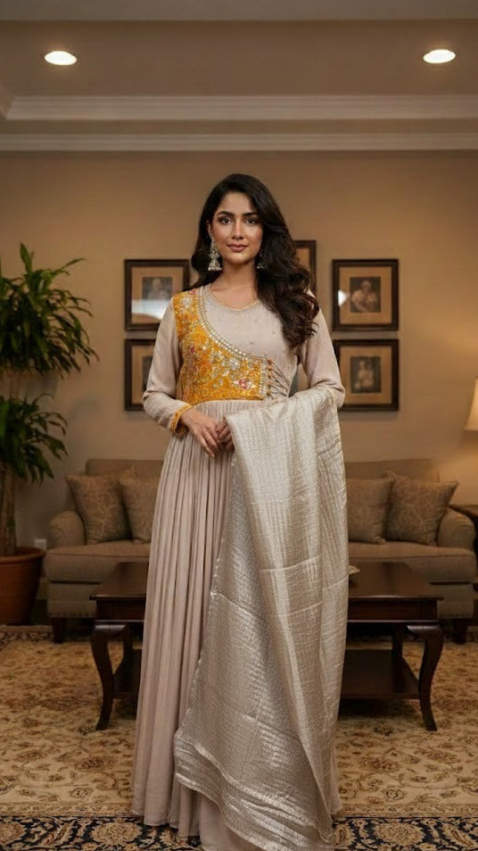 Champagne & Marigold Bandhani Gown