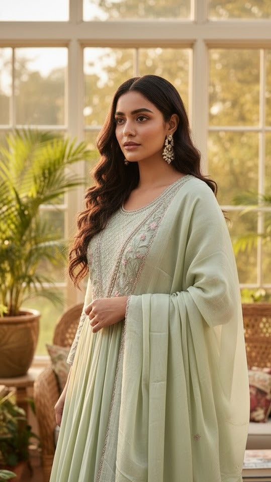 Pastel Green Pearl Work Gown