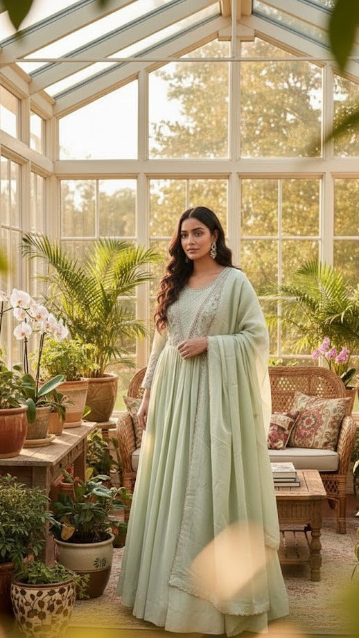 Pastel Green Pearl Work Gown