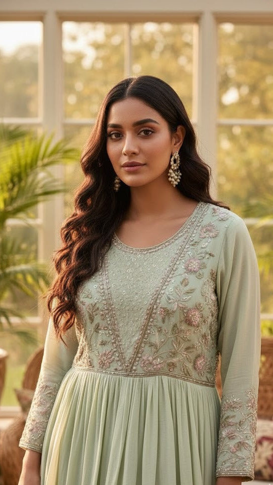 Pastel Green Pearl Work Gown
