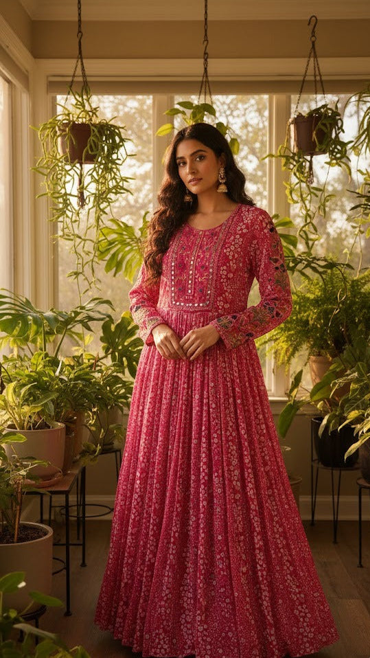 Pink Printed Crepe Gown