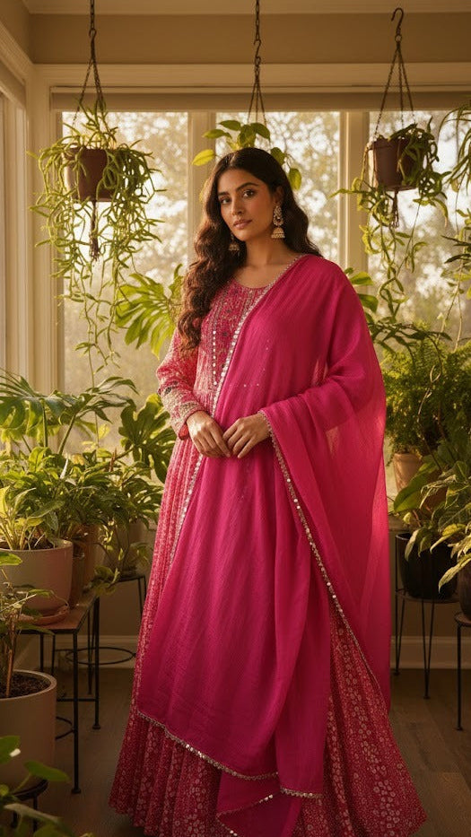 Pink Printed Crepe Gown