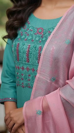Aqua Floral Threadwork Suit