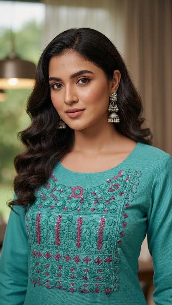 Aqua Floral Threadwork Suit