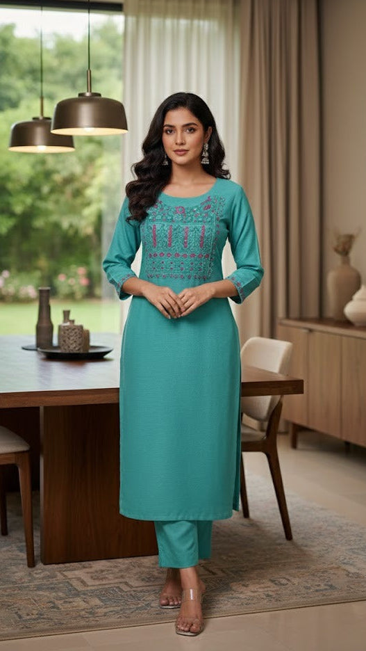 Aqua Floral Threadwork Suit