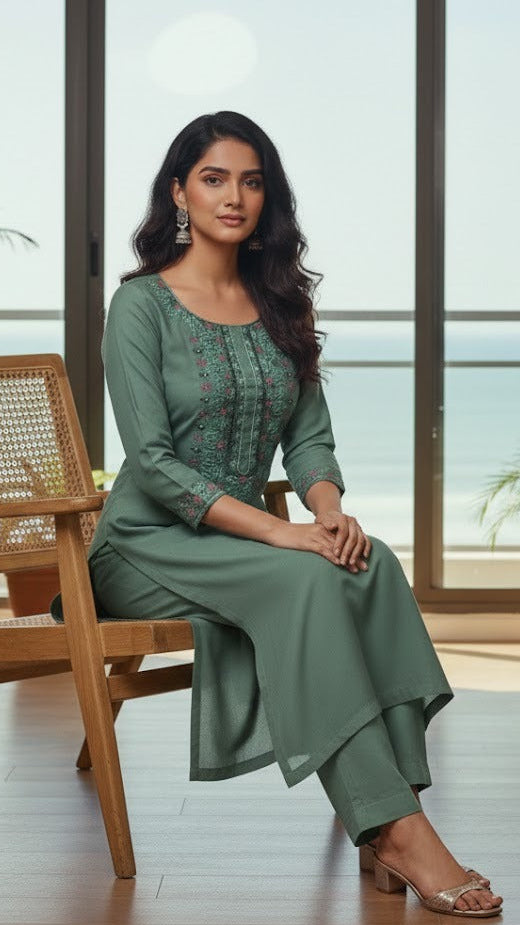 Sage Embroidered Suit