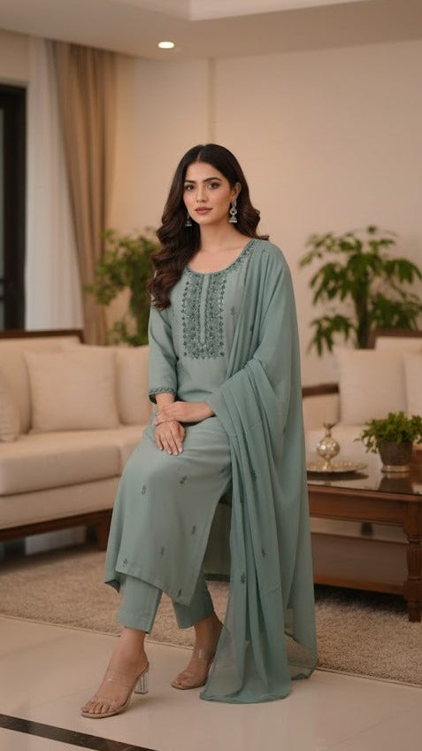 Sage Embroidered Suit