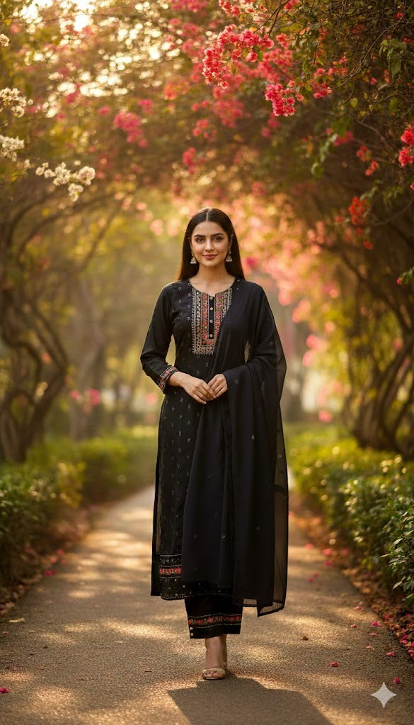 Black Floral Border Suit