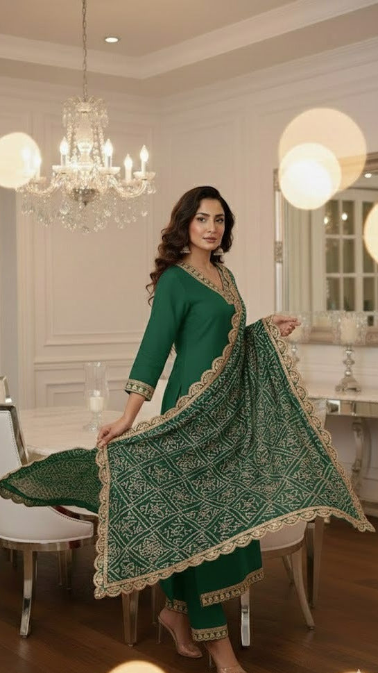 Bottle Green Bandhani Suit