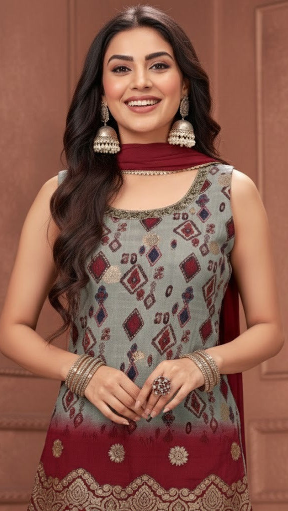 Silver & Wine Motif Sharara Suit