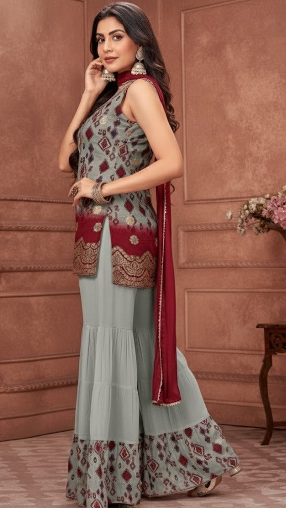Silver & Wine Motif Sharara Suit
