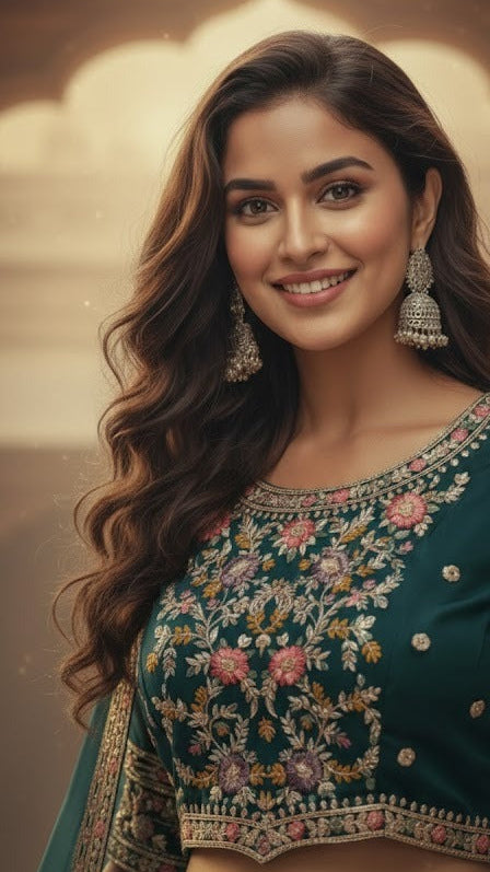 Teal Green Floral Lehenga