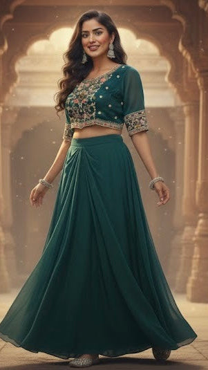 Teal Green Floral Lehenga