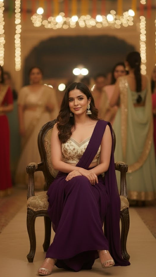 Wine & Cream Croptop Pre-Draped Sharara