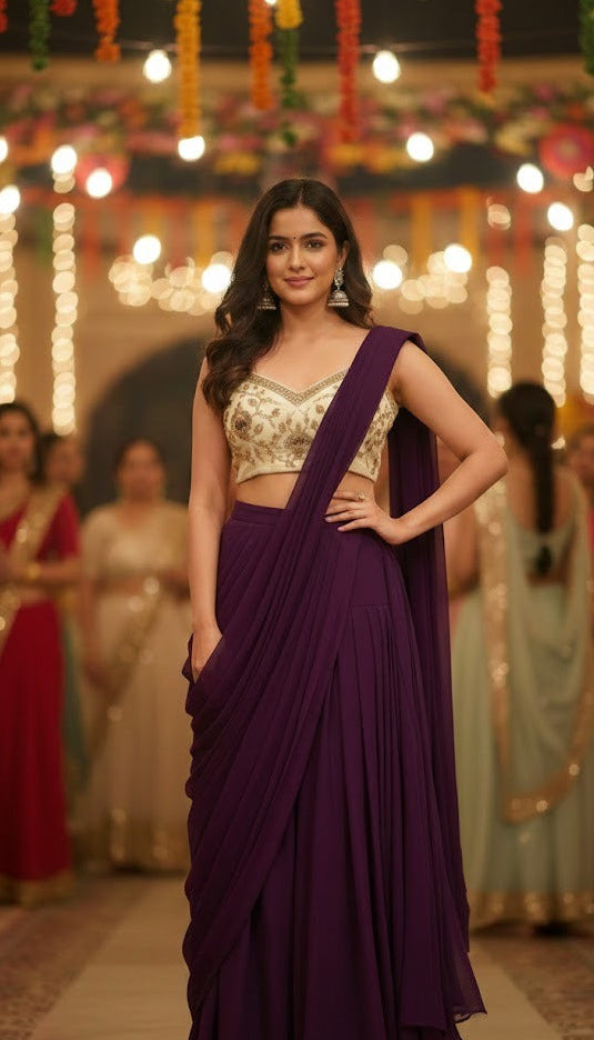 Wine & Cream Croptop Pre-Draped Sharara