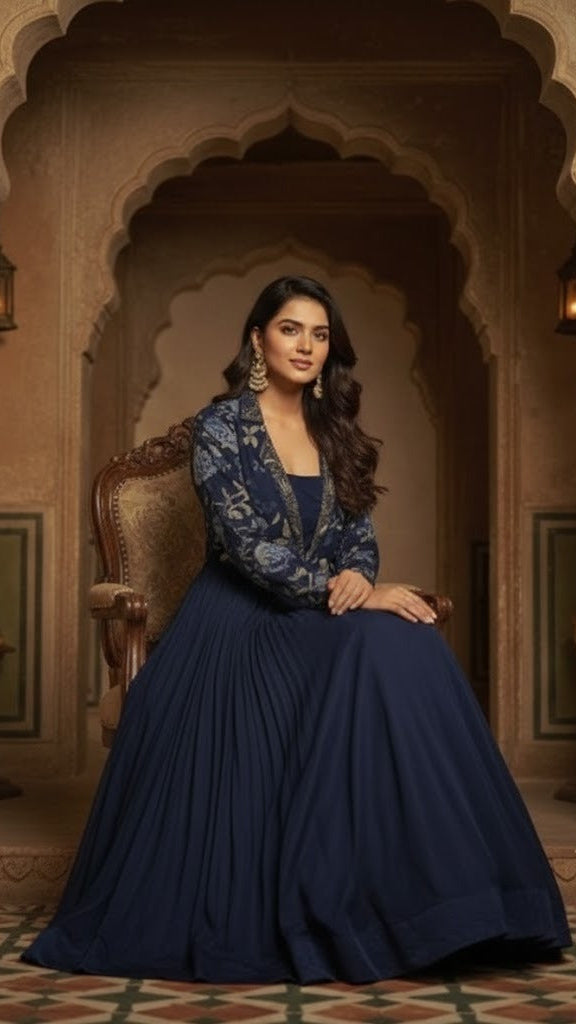 Navy Collar Floral Gown