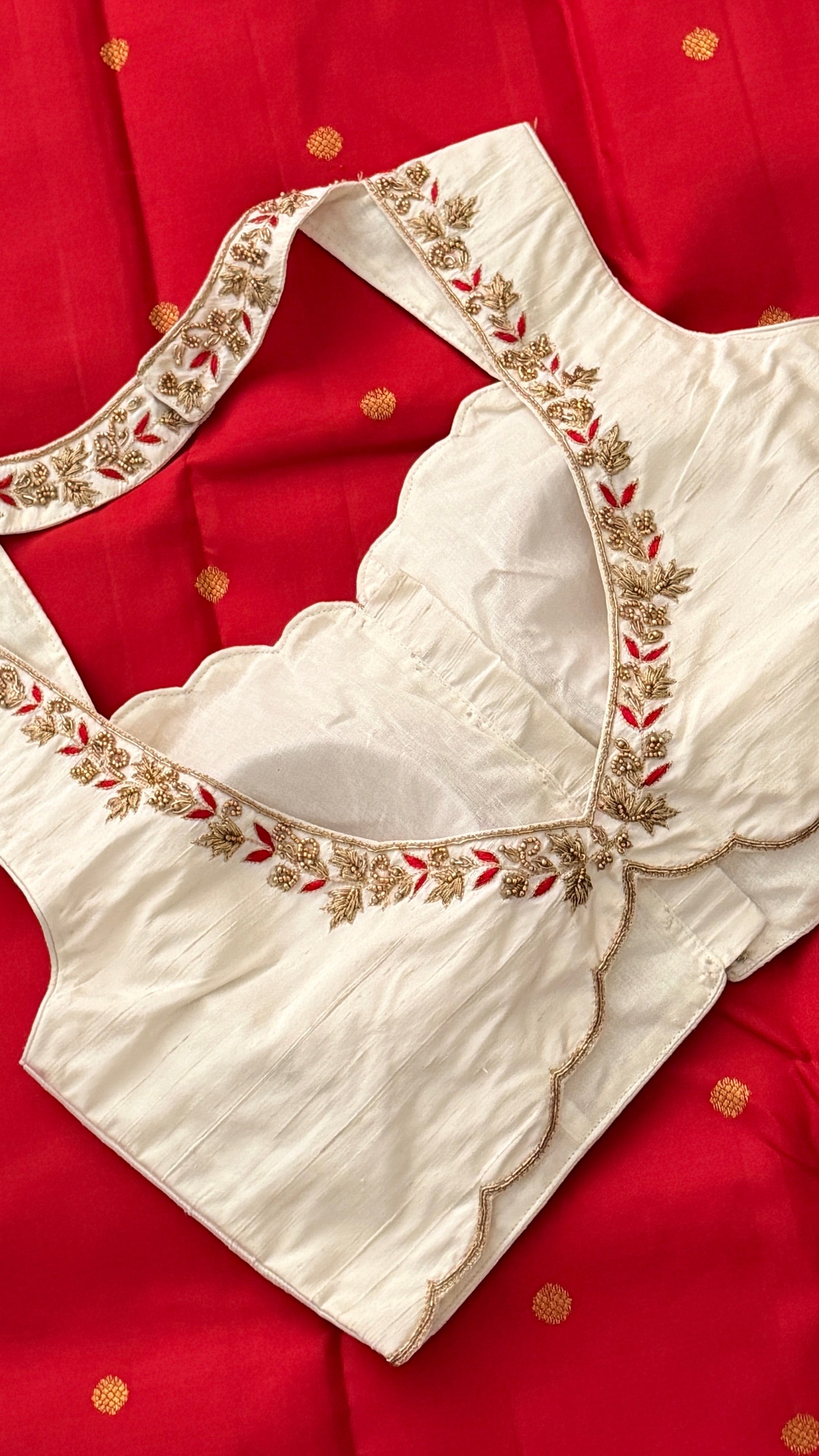 Ivory-Red Sleeveless Petal Blouse