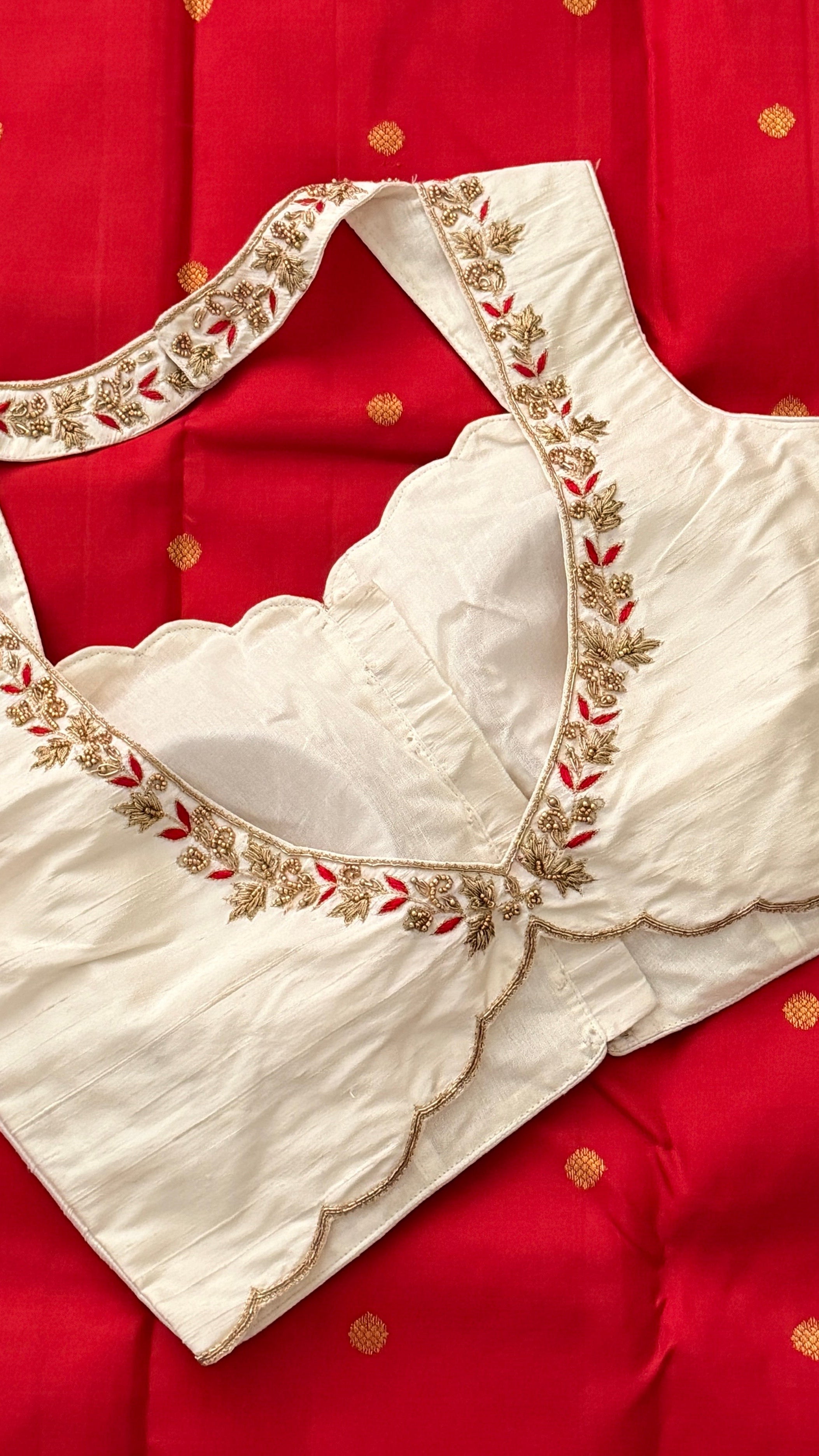 Ivory-Red Sleeveless Petal Blouse