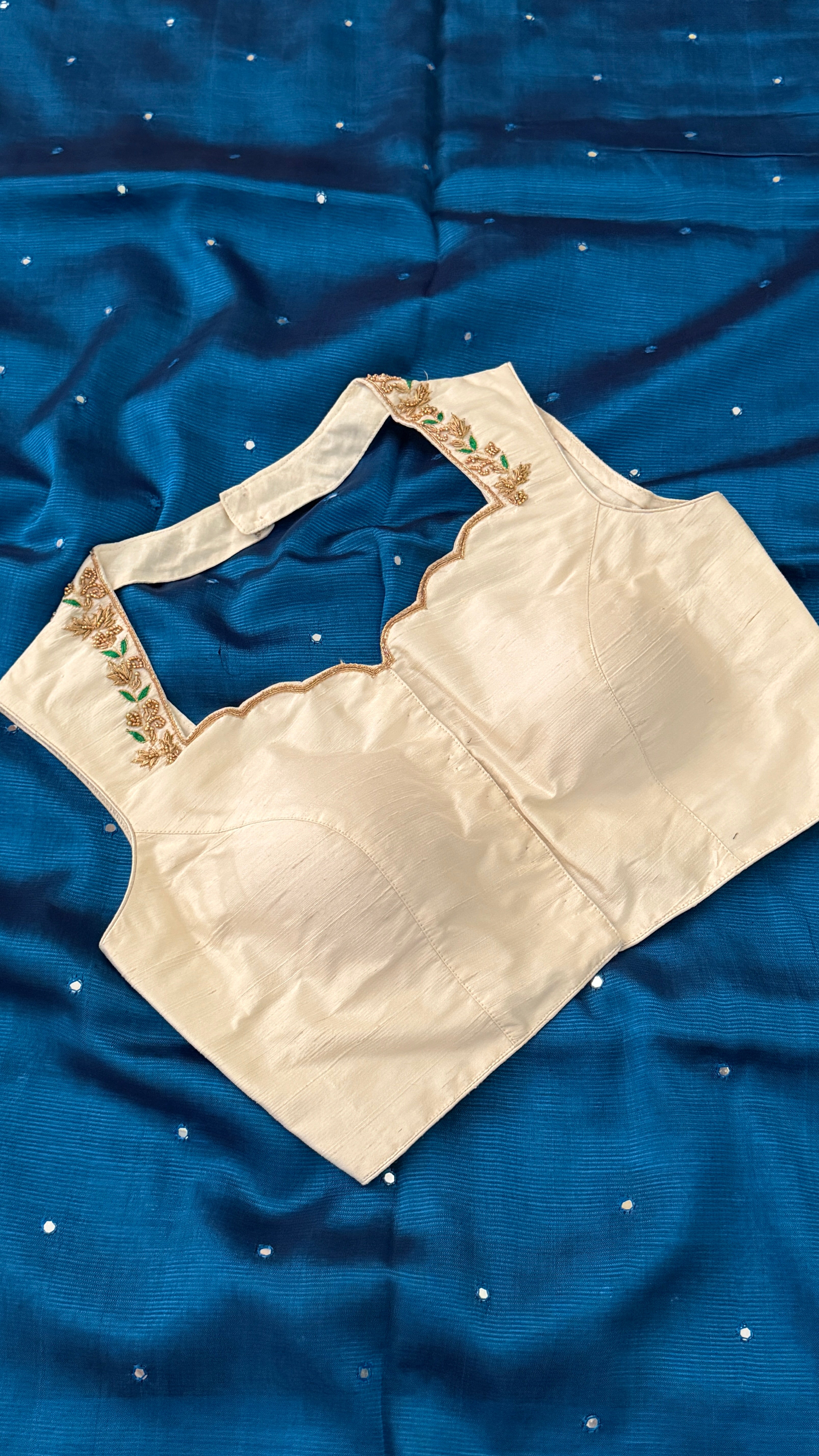 Ivory-Green Sleeveless Petal Blouse