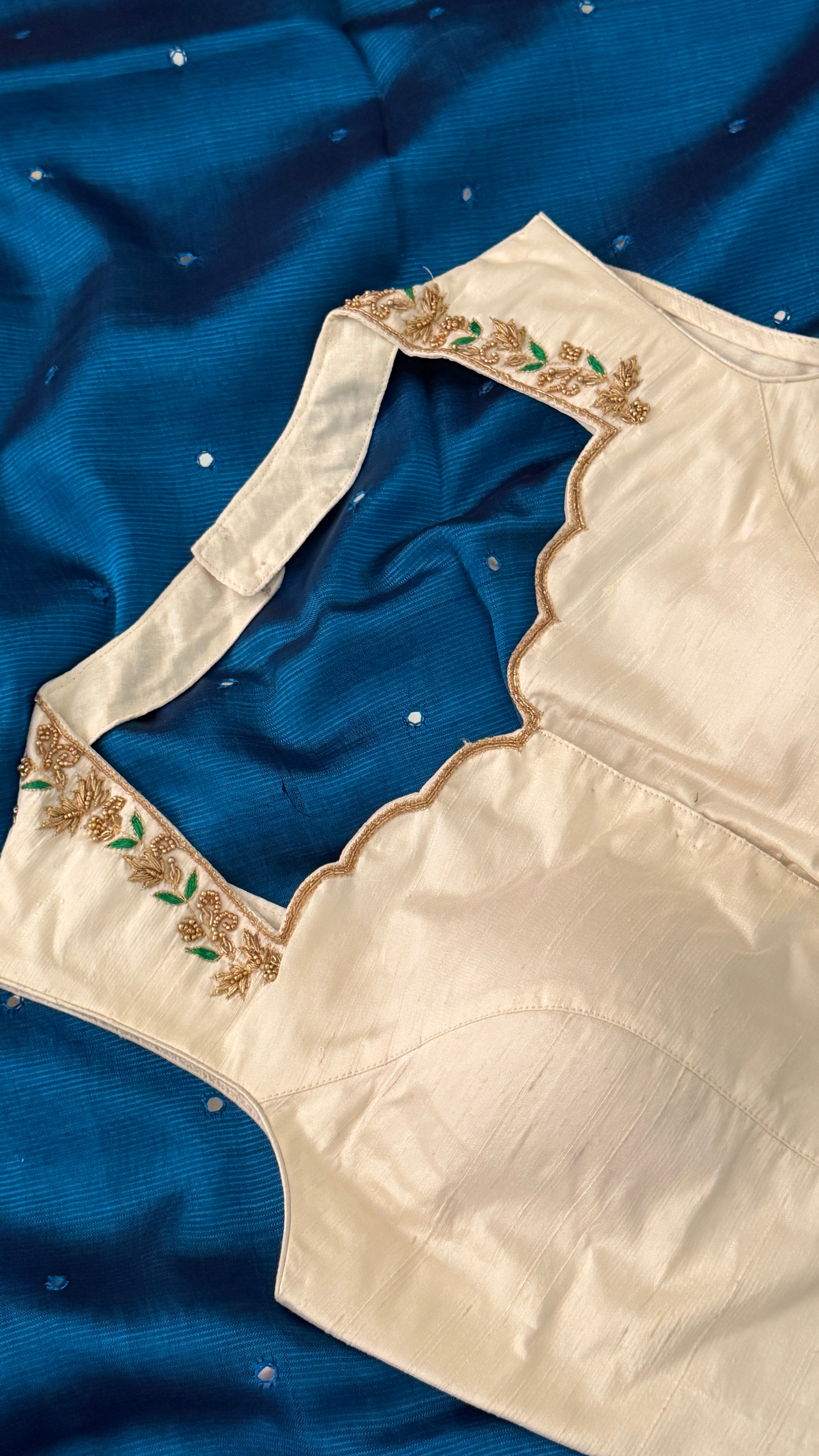 Ivory-Green Sleeveless Petal Blouse