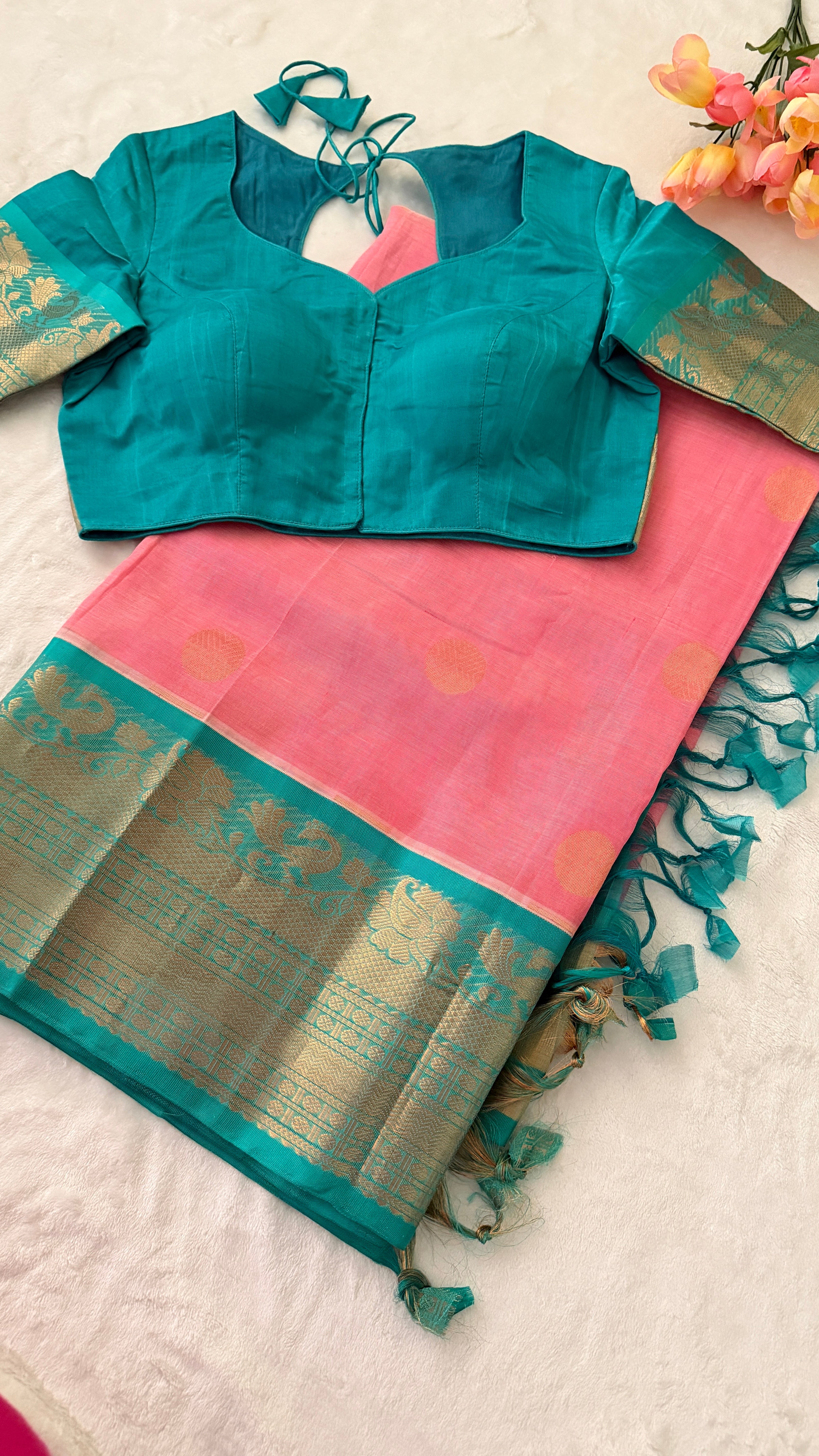 Pink & Blue Mangalagiri Silk Saree