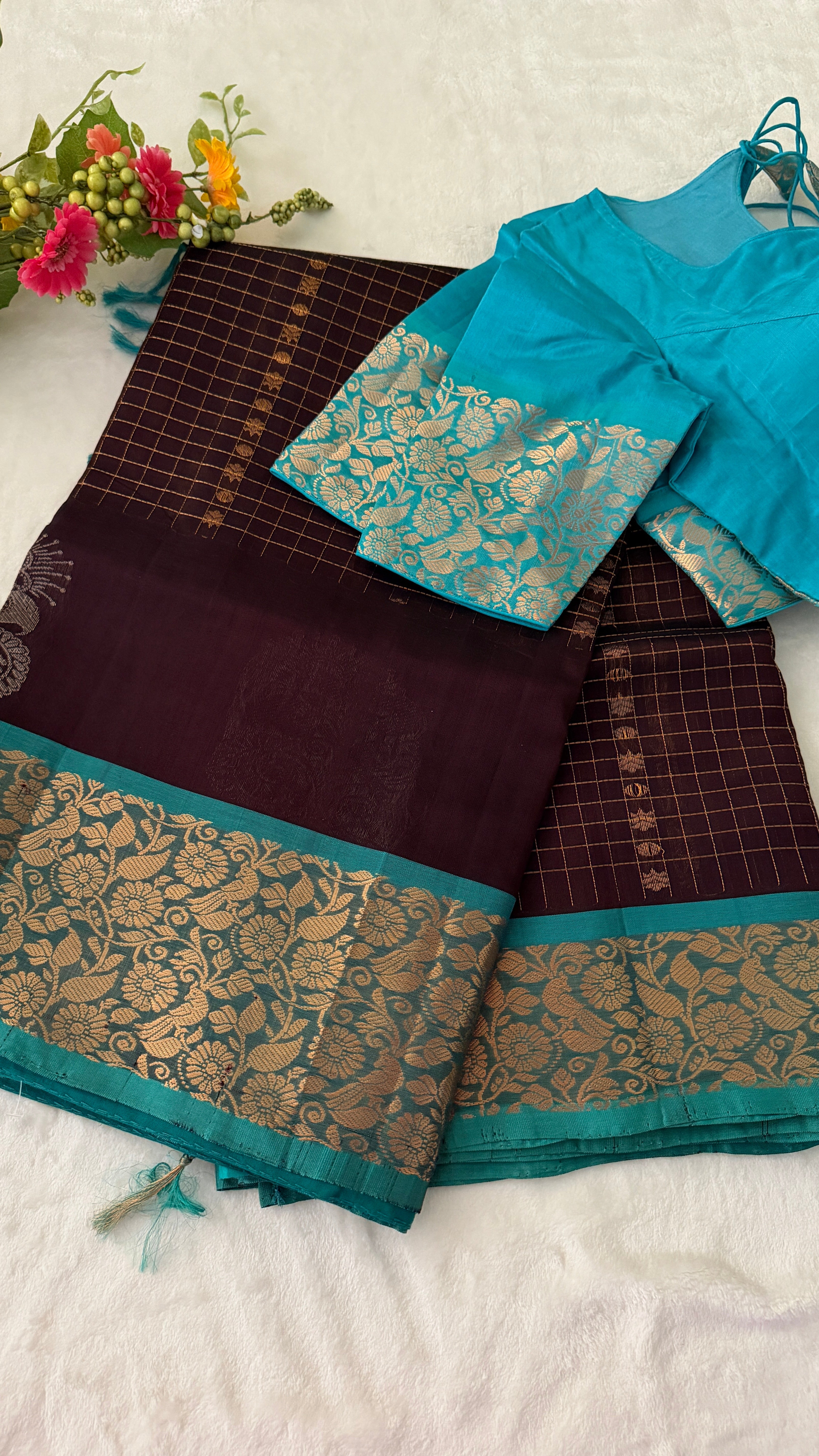 Brown & Blue Mangalagiri Silk Saree
