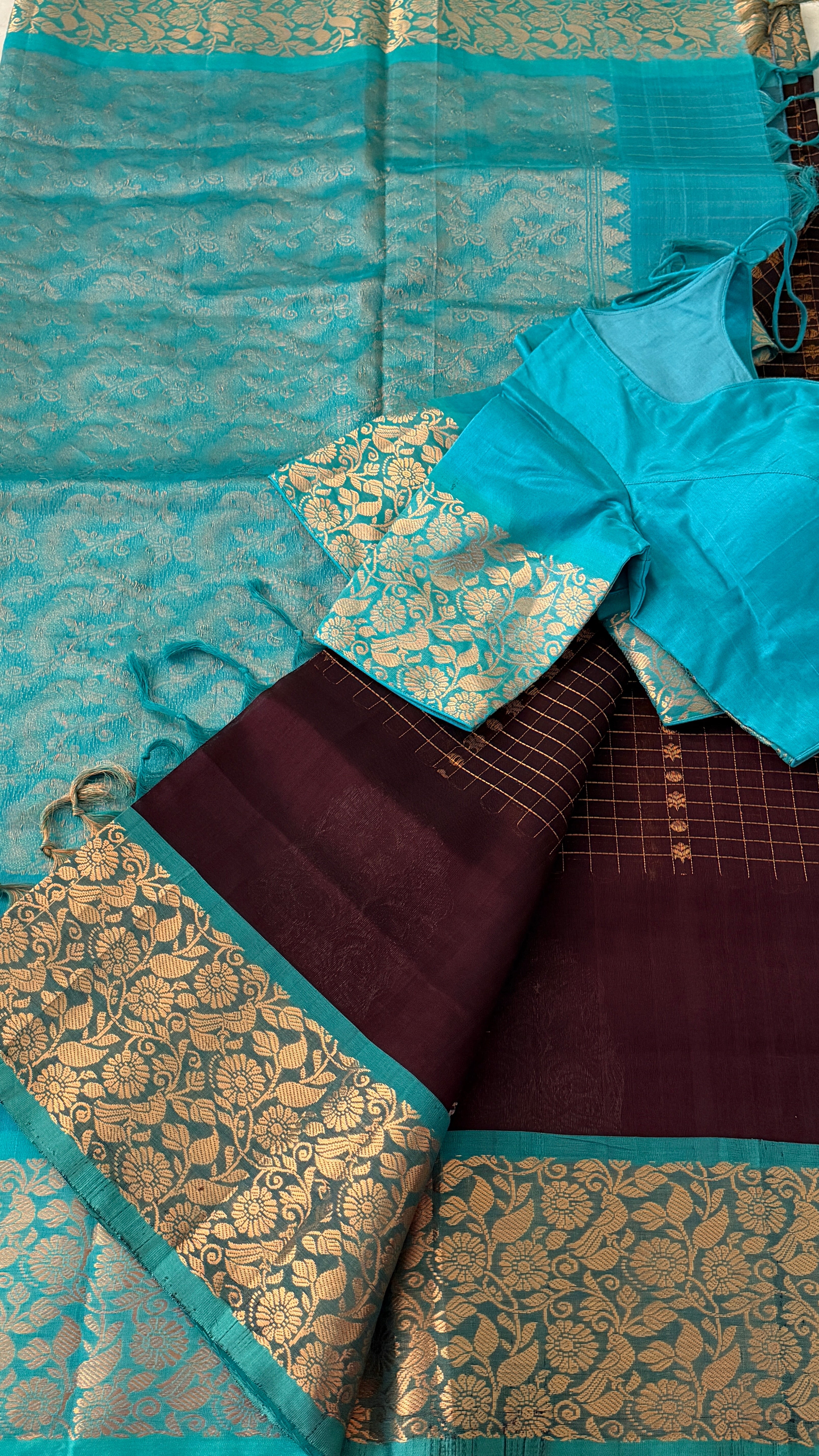 Brown & Blue Mangalagiri Silk Saree
