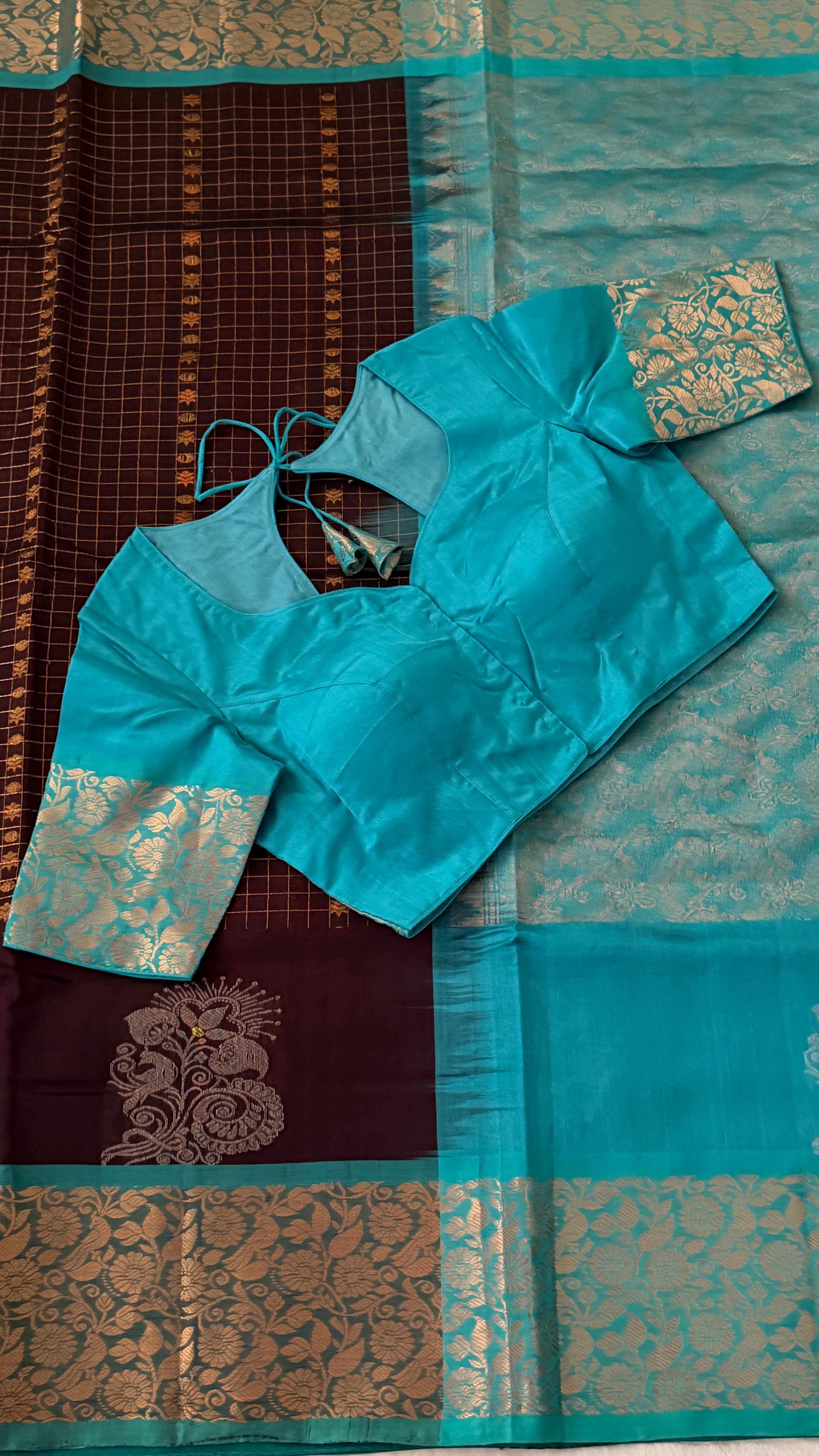 Brown & Blue Mangalagiri Silk Saree
