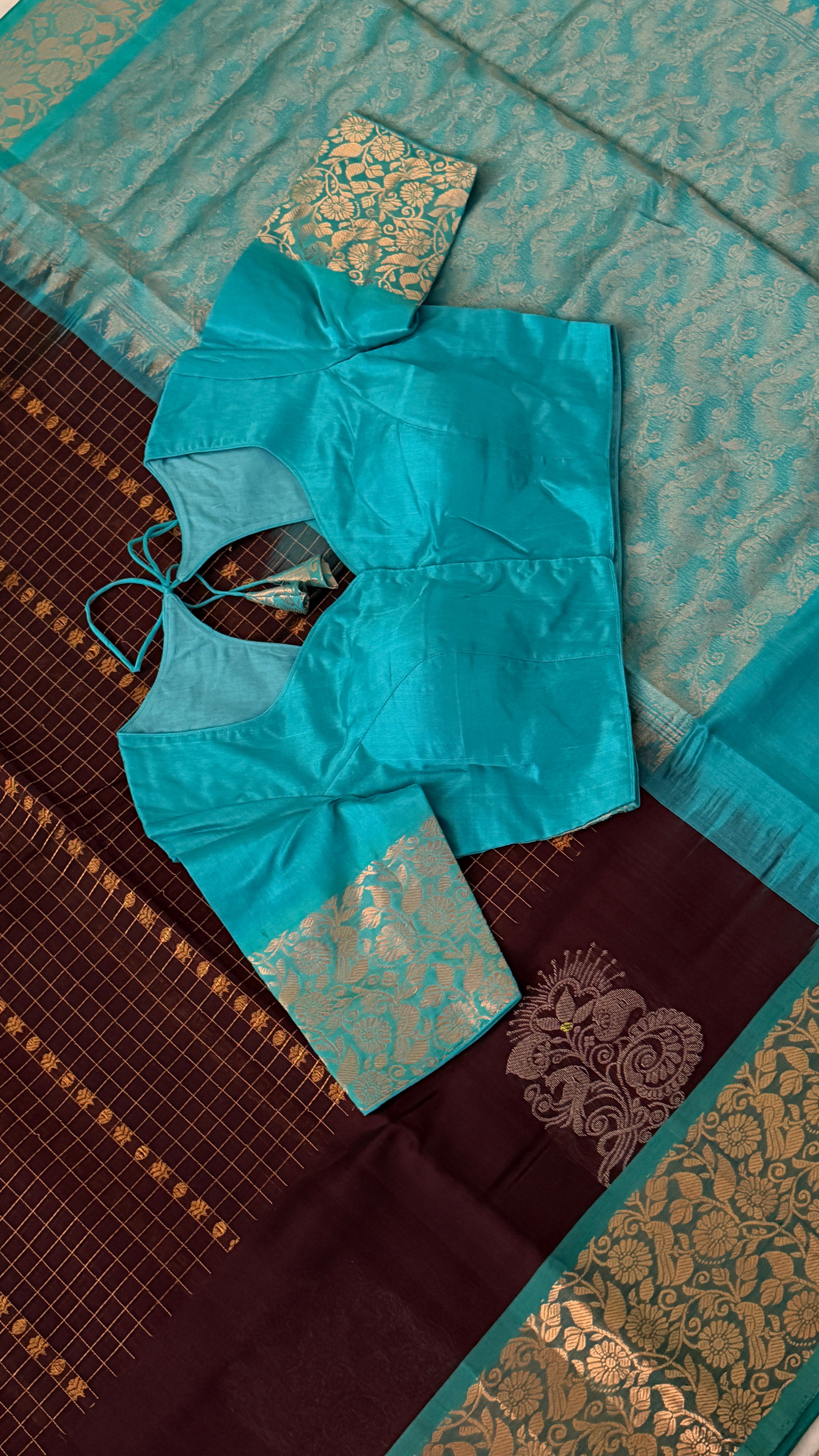 Brown & Blue Mangalagiri Silk Saree