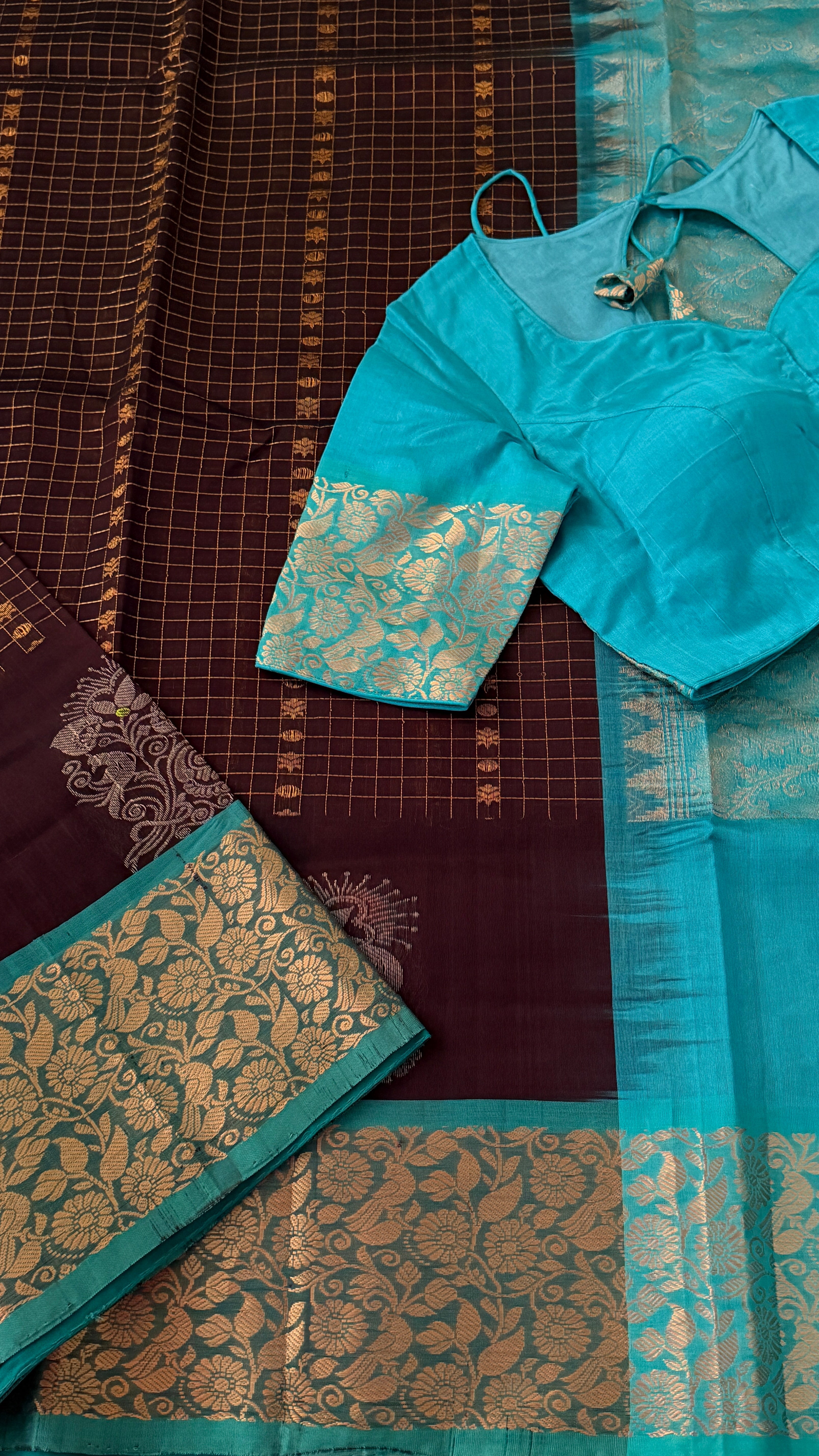 Brown & Blue Mangalagiri Silk Saree