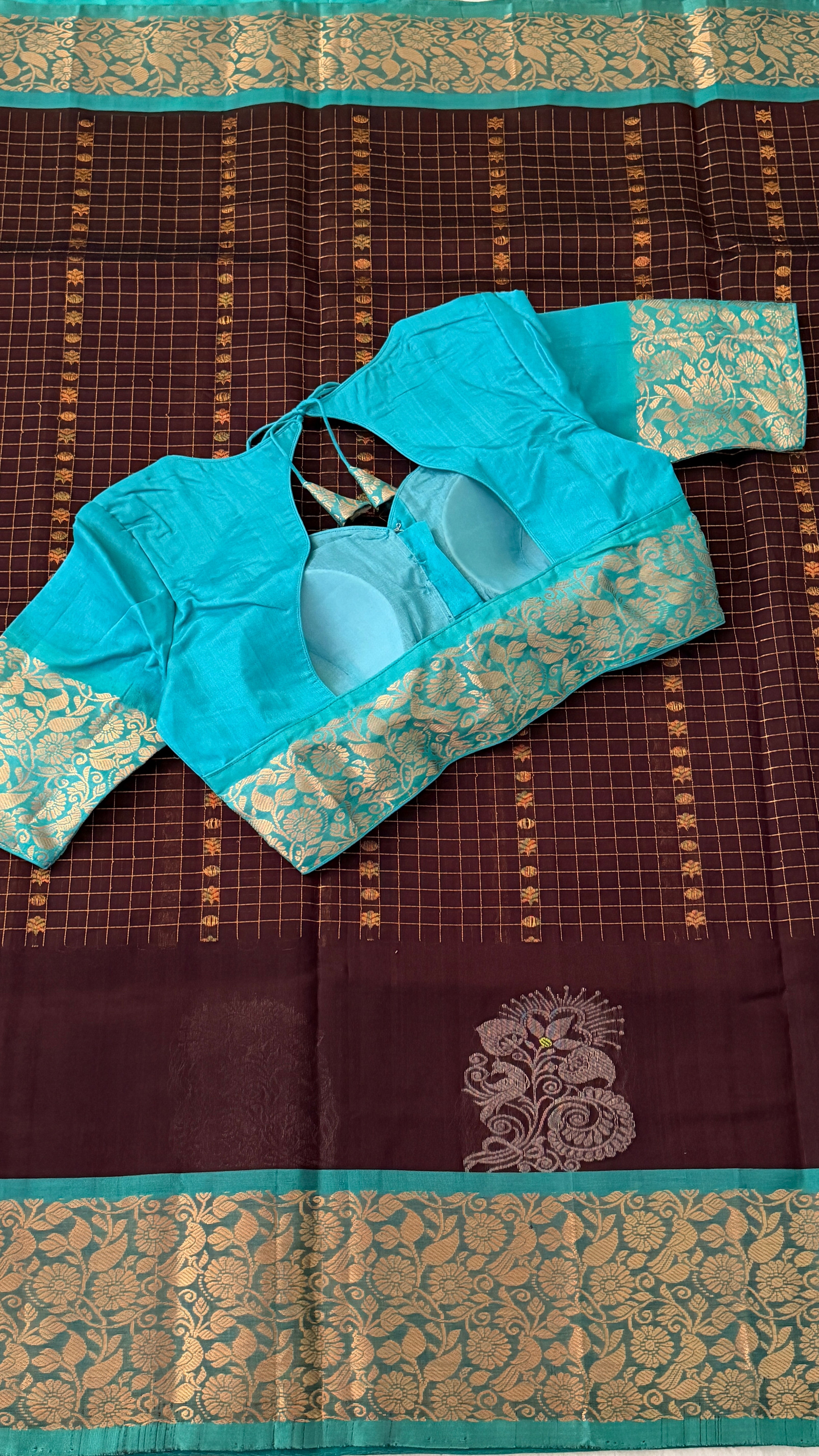 Brown & Blue Mangalagiri Silk Saree