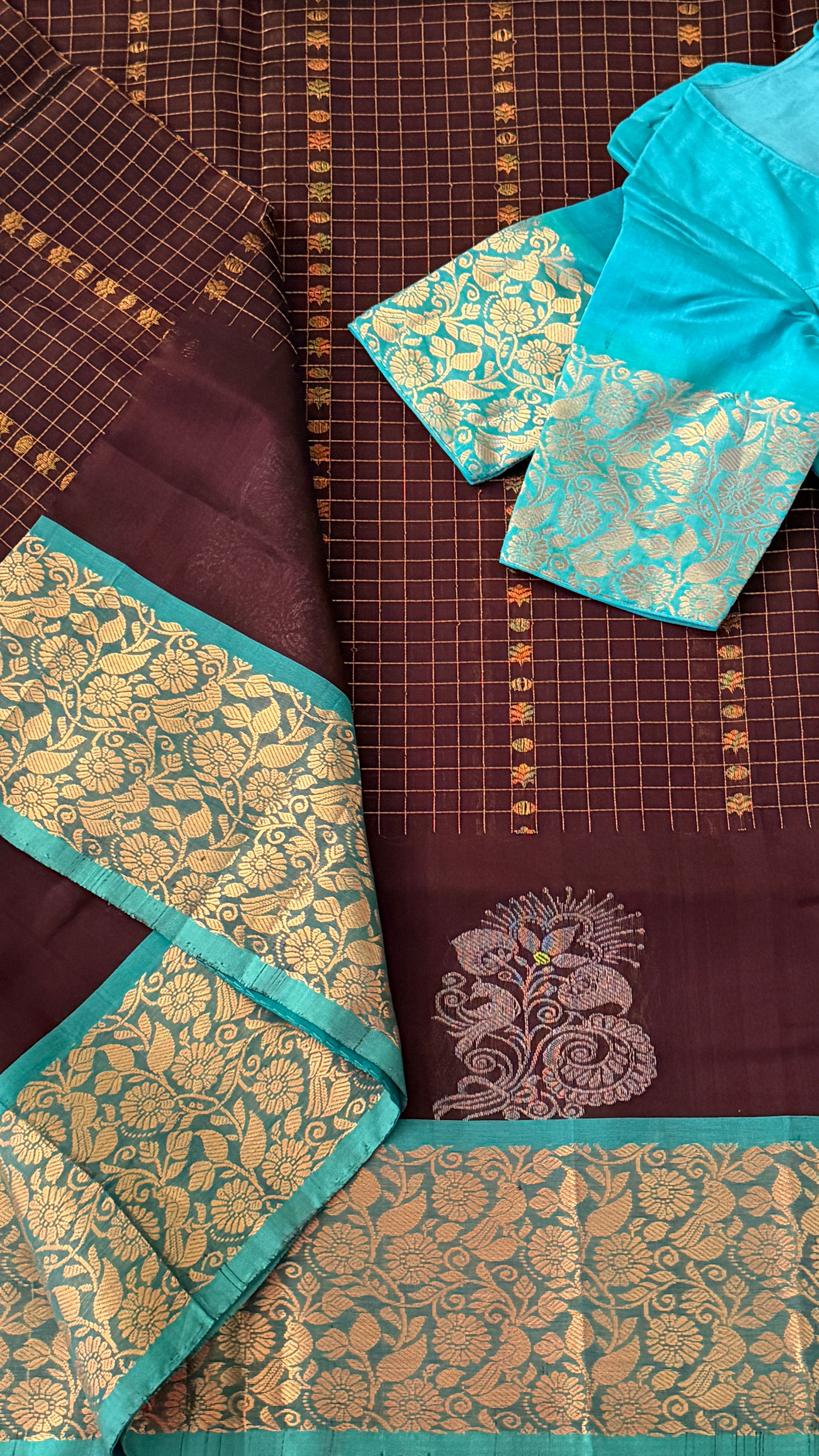 Brown & Blue Mangalagiri Silk Saree