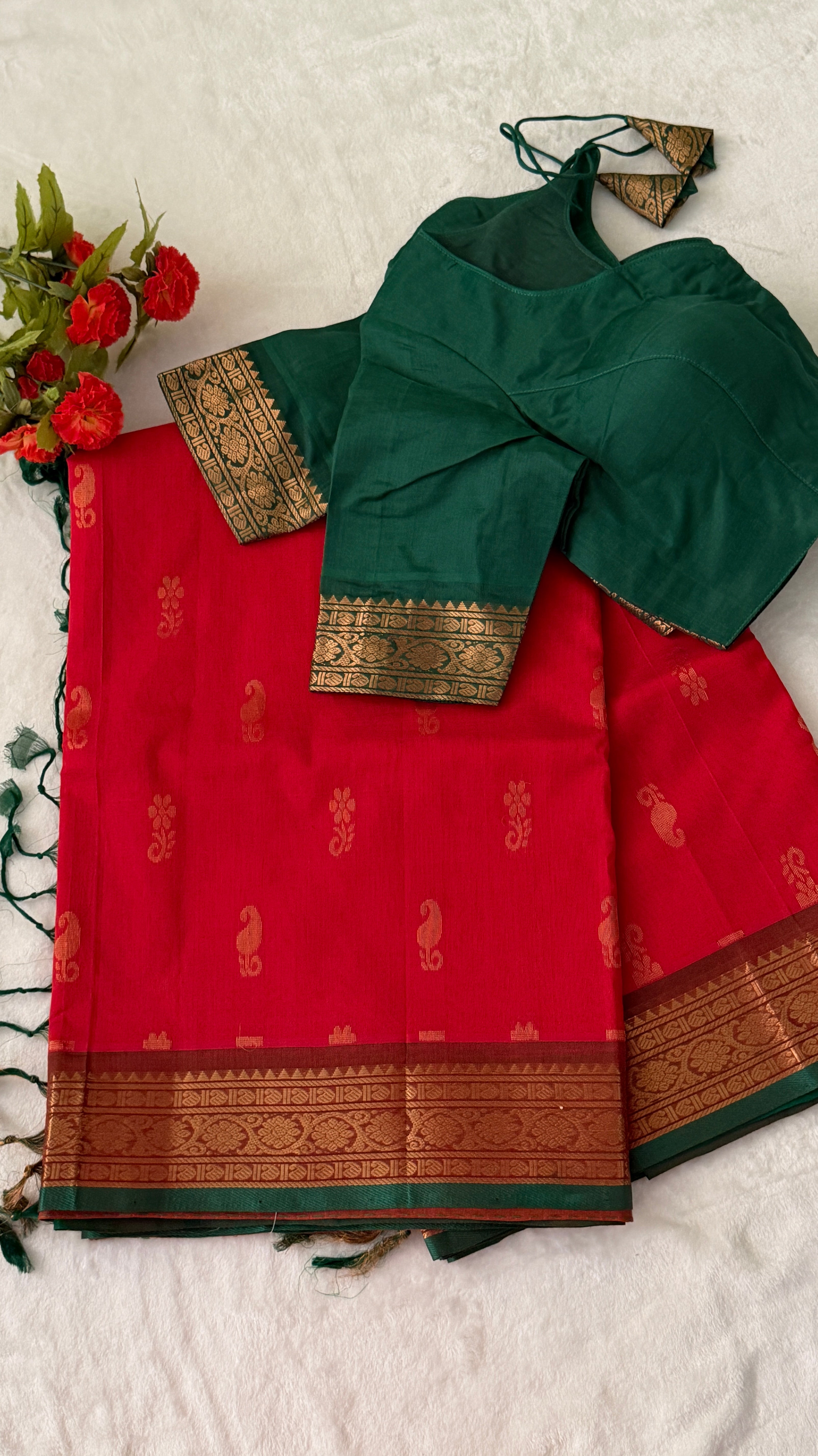 Red & Green Mangalagiri Silk Saree