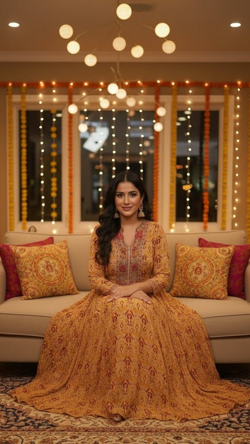 Mustard Heritage Printed Gown