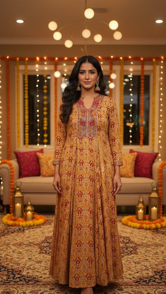 Mustard Heritage Printed Gown