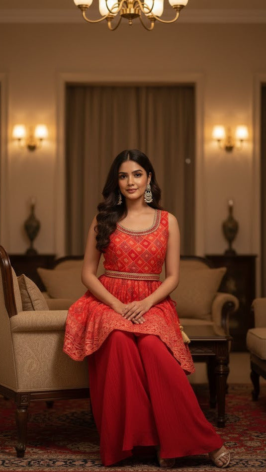 Coral Diamond Weave Sharara